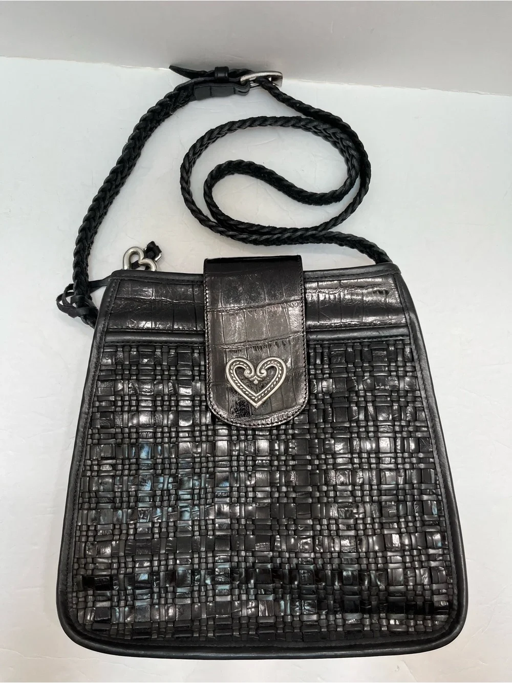 Brighton Cecilia Black Leather Woven Croc Shoulder Bag Crossbody Heart